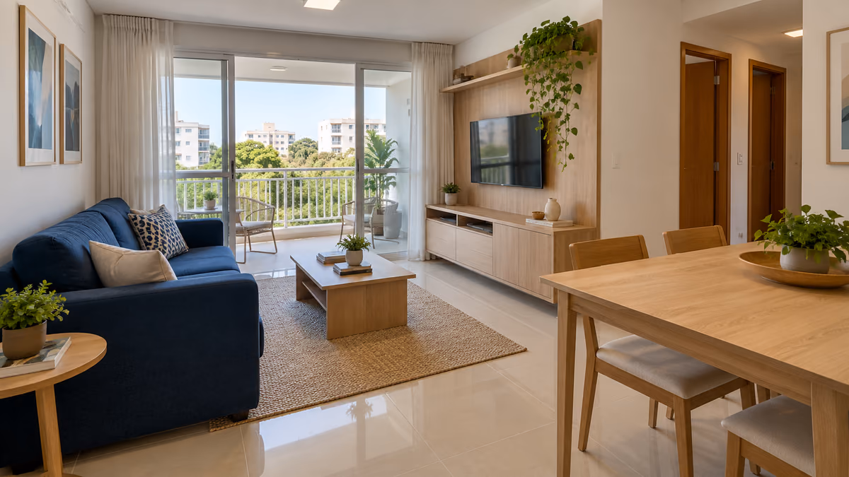 Sala e área social do imóvel Rotina em Bessa, com acabamentos e disposição do ambiente.