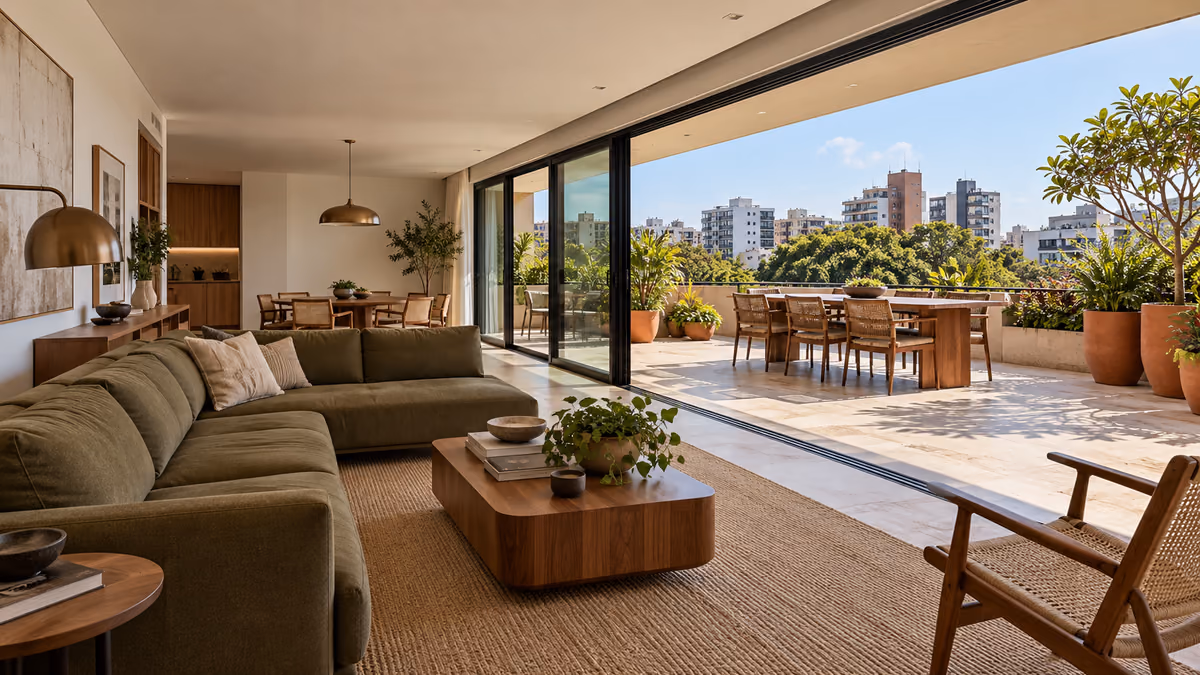 Sala e área social do imóvel Terraço Jardim Oceania, com acabamentos e disposição do ambiente.